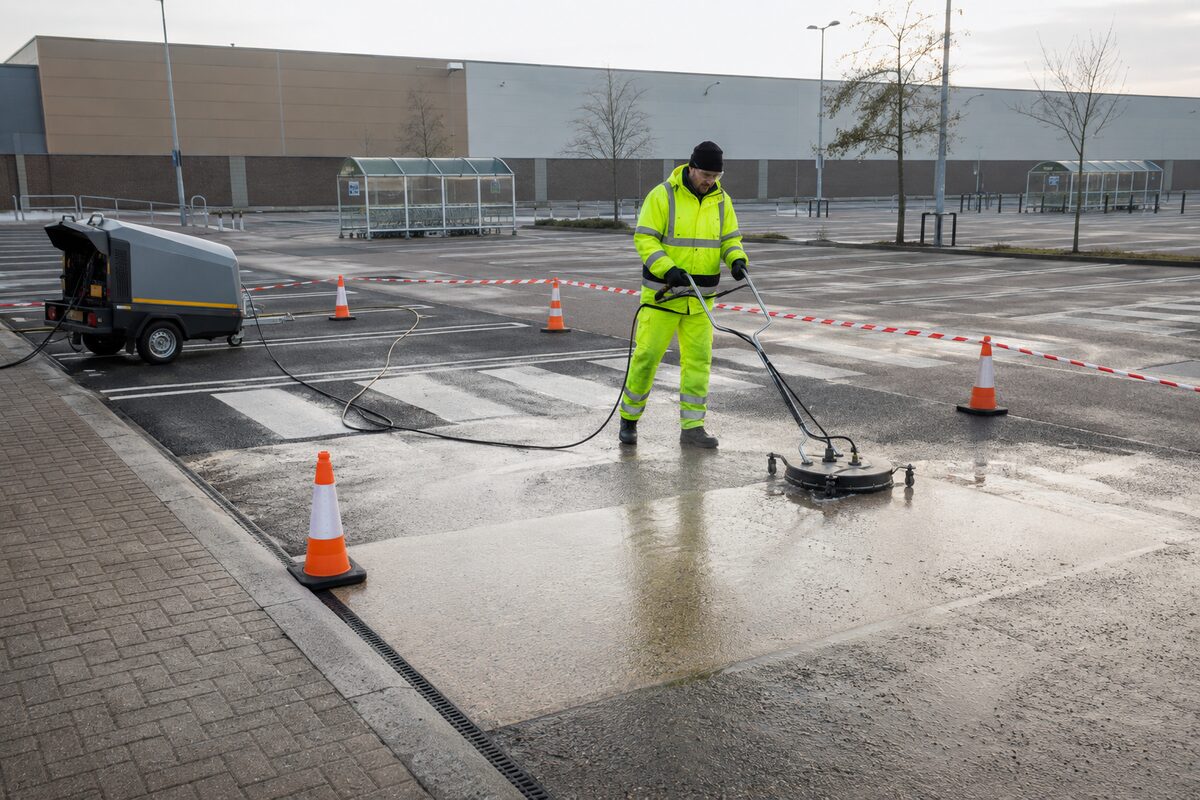 Commercial car park being cleaned with industrial pressure-washing equipment