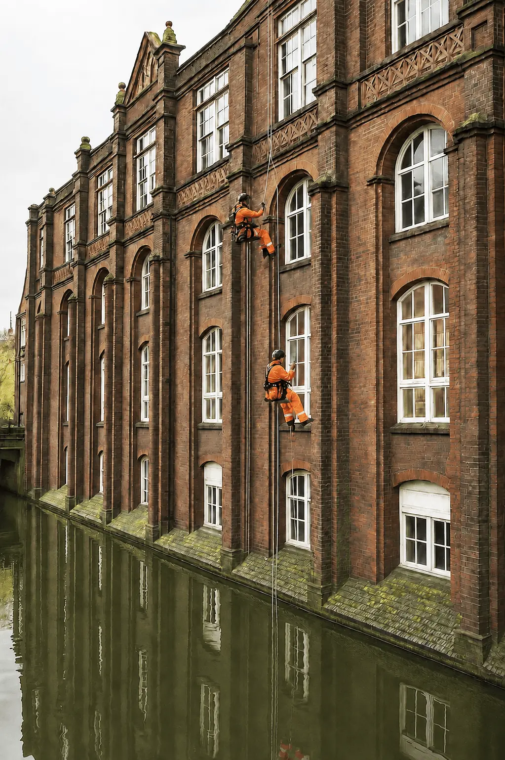 Two rope-access technicians inspecting a commercial building façade in Norwich