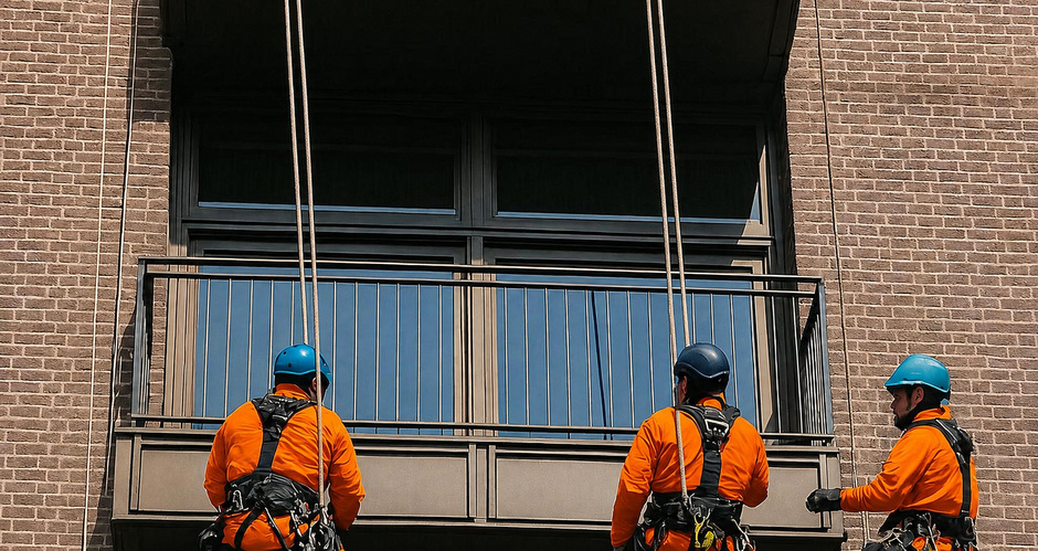 Rope access technicians working on balconies and glazing on a commercial building