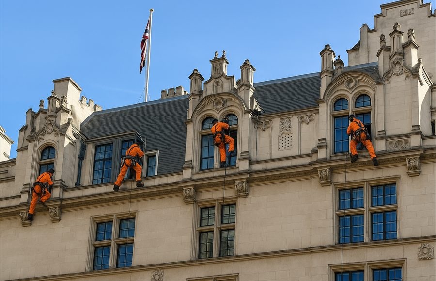 Rope access technicians inspecting a commercial building façade