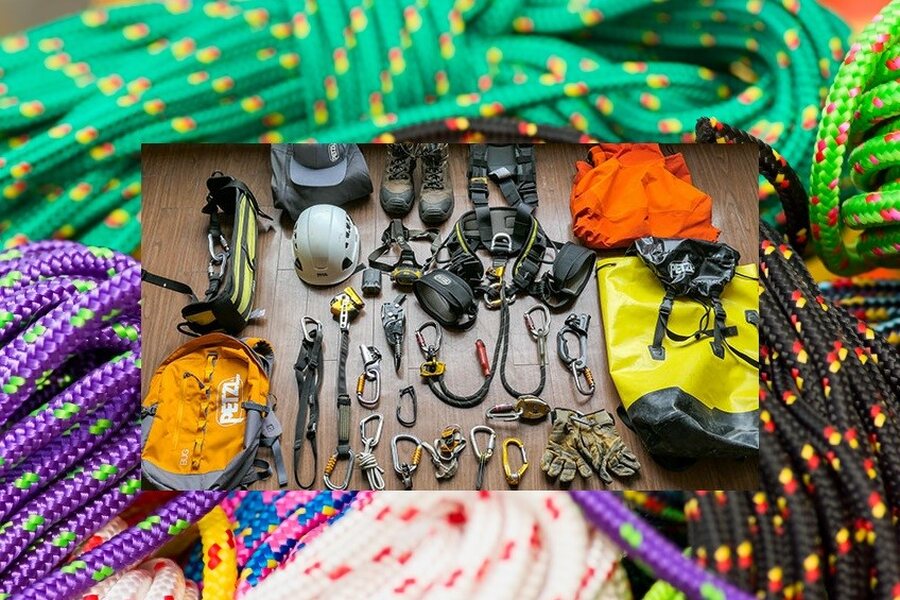 Rope access PPE arranged for equipment inspection