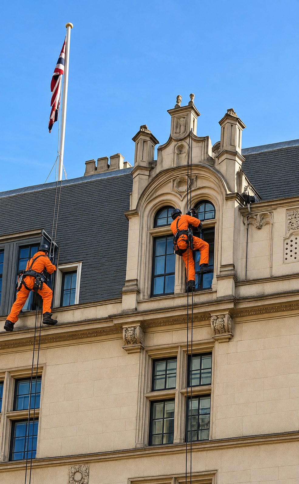Two CCS rope access technicians in orange overalls working beside upper-level windows and decorative stonework at the UK Supreme Court