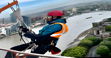 Experienced abseiler glass replacement on a skyscraper's windows